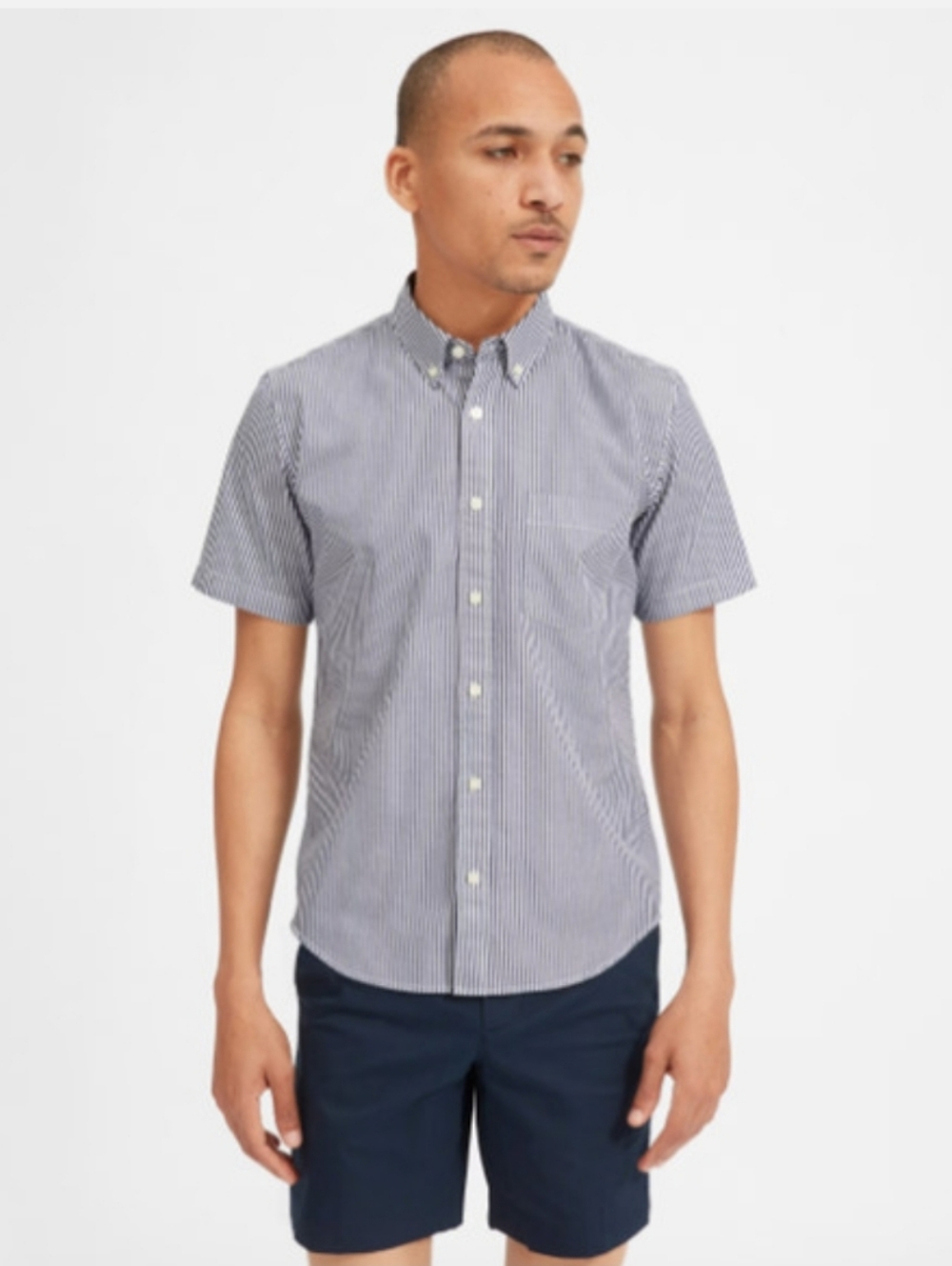 EVERLANE Air Oxford Short Sleeve Striped Button Down Shirt Navy Blue White M - Picture 9 of 9